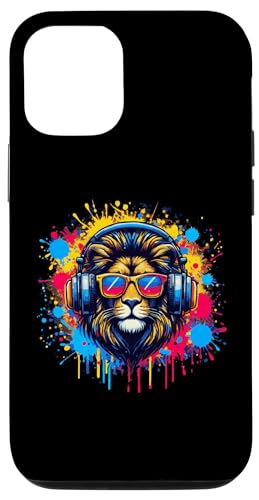 Hülle für iPhone 15 Pro Cooler und lustiger DJ-Löwe mit Sonnenbrille und buntem Spritzer von Animals And Songs Lover Present Idea