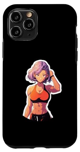 Hülle für iPhone 11 Pro Fitness-Mädchen mit lila Haaren im Anime- und Manga-Stil, posiert Fitnesskleidung von Anime and Manga Girl Lifting Design