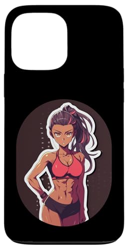 Hülle für iPhone 13 Pro Max Fitness-Mädchen im Anime- und Manga-Stil mit dunkler Haut posiert in Sportkleidung von Anime and Manga Girl Lifting Design