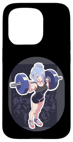 Hülle für iPhone 15 Pro Fitness-Mädchen im Anime- und Manga-Stil mit blauem Haar, das eine Langhantel hält von Anime and Manga Girl Lifting Design