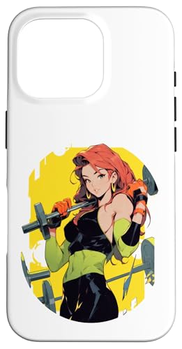 Hülle für iPhone 16 Pro Mädchen im Anime- und Manga-Stil mit roten Haaren posiert mit einer Langhantel von Anime and Manga Girl Lifting Design