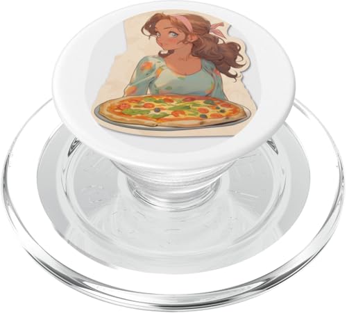 Brünettes Mädchen im Anime- und Manga-Stil mit einer Pizza PopSockets PopGrip für MagSafe von Anime and Manga Style Girl Design