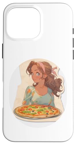 Hülle für iPhone 16 Pro Max Brünettes Mädchen im Anime- und Manga-Stil mit einer Pizza von Anime and Manga Style Girl Design