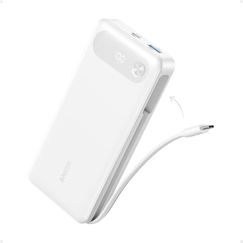 Anker Powerbank, 20.000mAh tragbares Ladegerät mit integriertem USB-C-Kabel, 87W Max Schnelllade-Akku, 2 USB-C und 1 USB-A, für MacBook, iPhone 15/14 Serie, Samsung, Switch, und mehr (weiß) von Anker