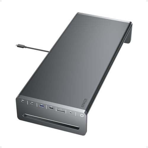 Anker USB-C Hub, 10-in-1 Aluminium-Monitorstandfuß mit 100W PD, 5Gbit/s USB-Anschlüssen und 4K@60Hz HDMI Display, integriertes 1m Kabel, ordentlicher Schreibtisch für MacBook, Dell und USB-C-Geräte von Anker