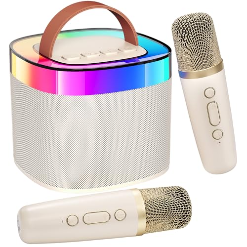 Ankuka Tragbare Karaoke-Maschine, Bluetooth Karaoke Lautsprecher mit 2 Mikrofon, Pickups und Party LED-Lichtern, Geschenke für Freunde,Beige von Ankuka