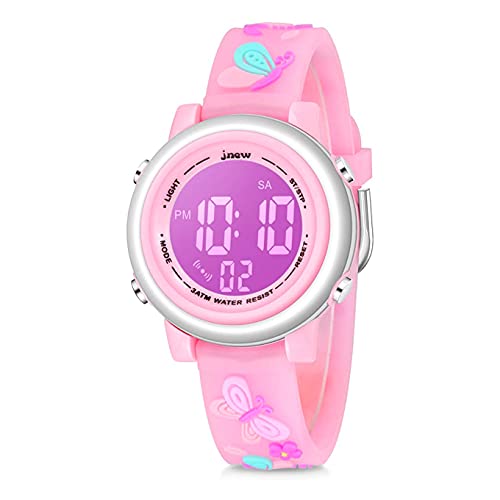 Kleinkind Kinder Digitaluhren für Mädchen Jungen,3D Cute Cartoon 7 Farblichter wasserdichte Sport Elektronische Armbanduhr mit Alarm Stoppuhr für 3-10 Jahre Kinder (Schmetterling-Hellrosa) von Anloo