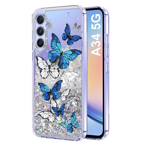 Anreixx Glitter Hülle für Samsung Galaxy A34, Niedliche Schmetterling Muster Silikonhülle mit glänzenden Sparkle Bling Quicksand & Soft TPU Bumper Kissen von Anreixx