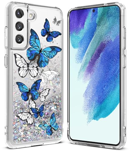 Anreixx Glitter Hülle für Samsung Galaxy S21 FE, Niedliche Schmetterling Muster Silikonhülle mit glänzenden Sparkle Bling Quicksand & Soft TPU Bumper Kissen von Anreixx