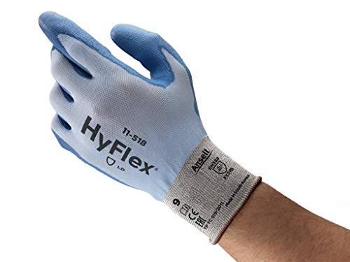 Ansell HyFlex 11-518 Schnittschutz-Handschuhe, Extrem Leichter Nahtlosträger, Hohe Fingerbeweglichkeit und Abriebfestigkeit, Mechanikschutz-Handschuh, Industrie PSA, Blau, Größe M (12 Paar) von Ansell