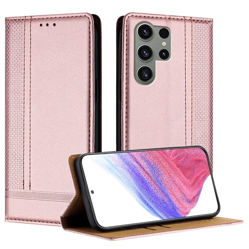 Anshow für Samsung S23 Ultra Lederhülle, Retrostil: Multifunktional Hülle mit 2 Kartenfach, Wallet Klapphülle Magnet Klappbar Stoßfeste Handyhülle Flip Case Tasche PU, Rosa von Anshow