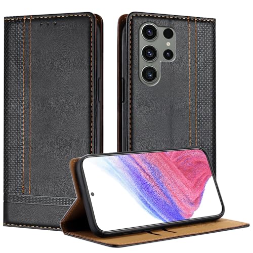 Anshow für Samsung S23 Ultra Lederhülle, Retrostil: Multifunktional Hülle mit 2 Kartenfach, Wallet Klapphülle Magnet Klappbar Stoßfeste Handyhülle Flip Case Tasche PU, Schwarz von Anshow