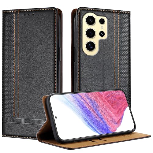 Anshow für Samsung S24 Ultra Lederhülle, Retrostil: Multifunktional Hülle mit 2 Kartenfach, Wallet Klapphülle Magnet Klappbar Stoßfeste Handyhülle Flip Case Tasche PU, Schwarz von Anshow