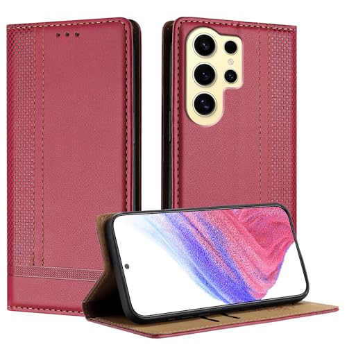 Anshow für Samsung S24 Ultra Lederhülle, Retrostil: Multifunktional Hülle mit 2 Kartenfach, Wallet Klapphülle Magnet Klappbar Stoßfeste Handyhülle Flip Case Tasche PU, Rosenrot von Anshow