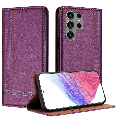 Anshow für Samsung S23 Ultra Lederhülle, Retrostil: Multifunktional Hülle mit 2 Kartenfach, Wallet Klapphülle Magnet Klappbar Stoßfeste Handyhülle Flip Case Tasche PU, Tiefviolett von Anshow