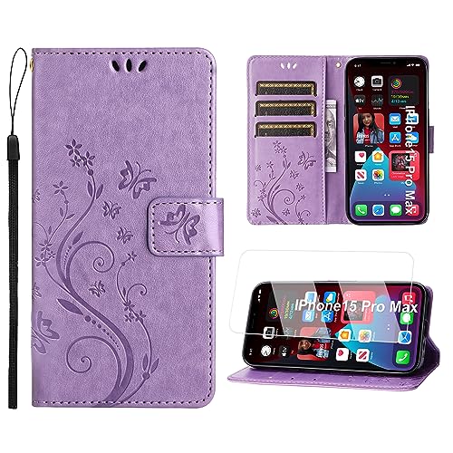 Anshow Lederhülle für iPhone 16 Pro Max Hülle und Schutzfolie, Handyhülle, Flip Wallet Hülle Leder Tasche Schutzhülle, Helles Lila von Anshow