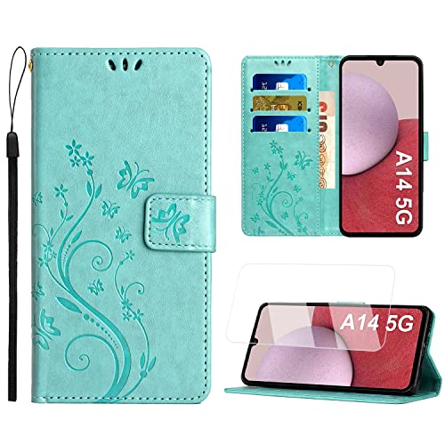 Anshow Lederhülle Kompatibel mit Samsung Galaxy A14 5G / 4G Hülle und Schutzfolie, Handyhülle für Samsung A14, Flip Wallet Hülle Leder Tasche Blumenmuster Klapphüllen Schutzhülle, Minzgrün von Anshow