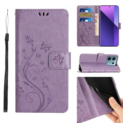 Anshow Lederhülle für Xiaomi Redmi Note 13 Pro 5G/Poco X6 Hülle und Schutzfolie, Handyhülle für Xiaomi Redmi Note 13 Pro 5G/Poco X6, Flip Wallet Hülle Leder Tasche Schutzhülle, Helles Lila von Anshow