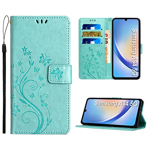 Anshow Lederhülle mit Samsung Galaxy A34 5G Hülle und Schutzfolie, Handyhülle für Samsung Galaxy A34 5G, Flip Wallet Hülle Leder Tasche Schutzhülle, Minzgrün von Anshow