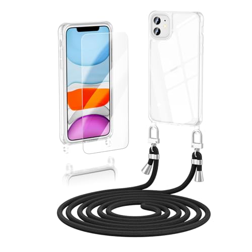 Anshow Verbesserte Handykette für iPhone 12 Hülle mit Band + 1 Schutzfolie, Necklace Stoßfest Handyhülle iPhone 12 Case Transparent Schutzhülle zum Umhängeband Abnehmbar, Schwarz von Anshow