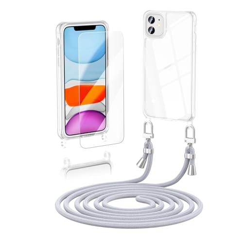 Anshow Verbesserte Handykette für iPhone 12 Mini Hülle mit Band + 1 Schutzfolie, Necklace Stoßfest Handyhülle iPhone 12 Mini Case Transparent Schutzhülle zum Umhängeband Abnehmbar, Silber von Anshow