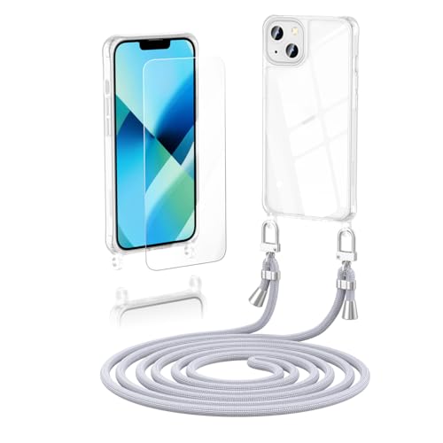 Anshow Verbesserte Handykette für iPhone 13 Mini Hülle mit Band + 1 Schutzfolie, Necklace Stoßfest Handyhülle iPhone 13 Mini Case Transparent Schutzhülle zum Umhängeband Abnehmbar, Silber von Anshow