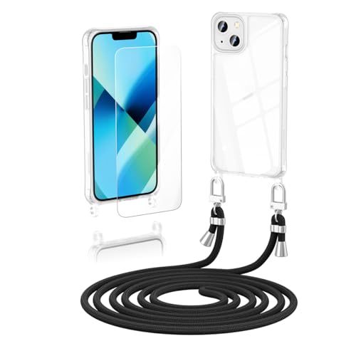 Anshow Verbesserte Handykette für iPhone 14 Hülle mit Band + 1 Schutzfolie, Necklace Stoßfest Handyhülle iPhone 14 Case Transparent Schutzhülle zum Umhängeband Abnehmbar, Schwarz von Anshow