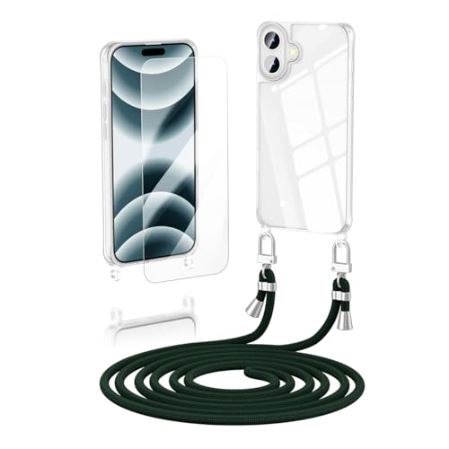 Anshow Verbesserte Handykette für iPhone 16 Hülle mit Band + 1 Schutzfolie, Necklace Stoßfest Handyhülle iPhone 16 Case Transparent Schutzhülle zum Umhängeband Abnehmbar, Dunkelgrün von Anshow