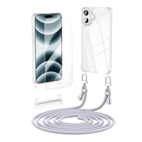 Anshow Verbesserte Handykette für iPhone 16 Plus Hülle mit Band + 1 Schutzfolie, Necklace Stoßfest Handyhülle iPhone 16 Plus Case Transparent Schutzhülle zum Umhängeband Abnehmbar, Silber von Anshow