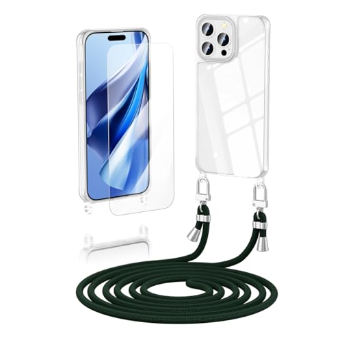 Anshow Verbesserte Handykette für iPhone 16 Pro Max Hülle mit Band + 1 Schutzfolie, Necklace Stoßfest Handyhülle iPhone 16 Pro Max Case Transparent Schutzhülle zum Umhängeband Abnehmbar, Dunkelgrün von Anshow