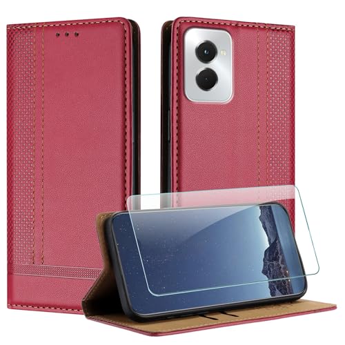 Anshow für Samsung S24 Lederhülle mit Panzerfolie, Retrostil: Multifunktional Hülle mit 2 Kartenfach, Wallet Klapphülle Magnet Klappbar Stoßfeste Handyhülle Flip Case Tasche PU, Rosenrot von Anshow