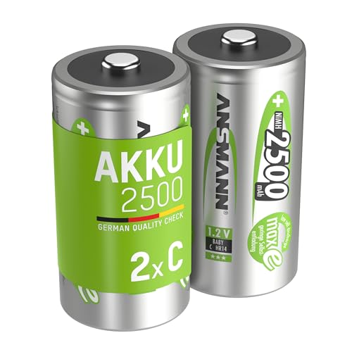 ANSMANN Akku C 2500 mAh NiMH 1,2 V (2 Stück) - Baby C Batterien wiederaufladbar, maxE geringe Selbstentladung für jahrelangen Einsatz, hohe Kapazität für High-Drain-Bereich von Ansmann