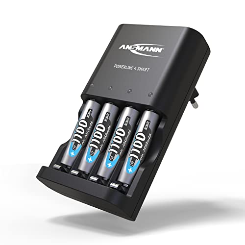 ANSMANN Akku Ladegerät Powerline 4 Smart für 1-4 AA Batterieladegerät für NiCd und NiMH Akkus mit Einzelschachtüberwachung,schwarz,inkl. 4x1100mAh AAA von Ansmann