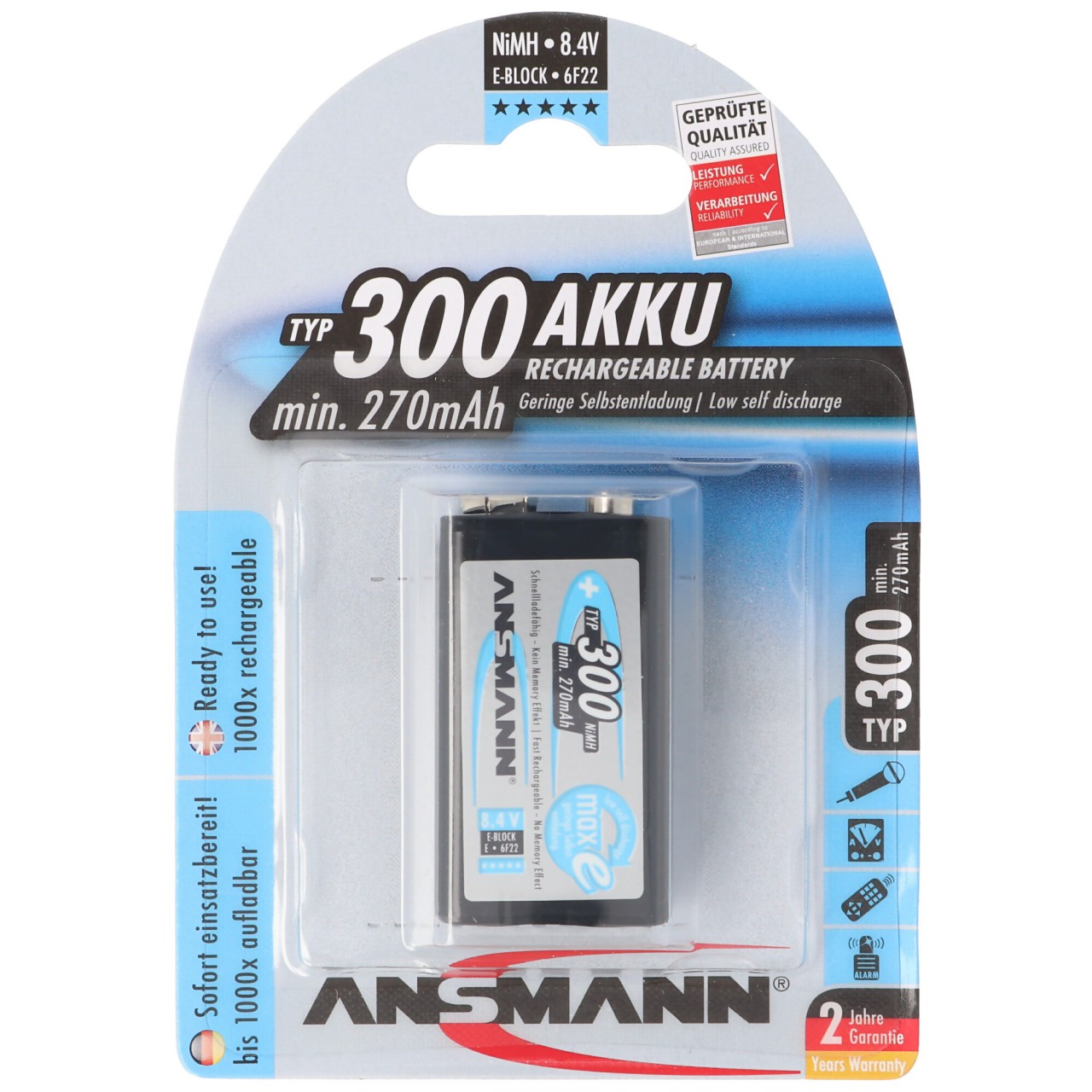 NiMH E Typ. 300 min. 270mAh NiMH-Akku 9V-Block E, 6F22, 8.4 Volt von Ansmann