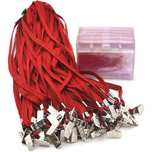 50 Stück Namensschilder mit Schlüsselband-Ausweishalter Horizontal wasserdichter Kunststoff-Ausweishalter Lanyards Namensschilder (Rot) von Antspirit