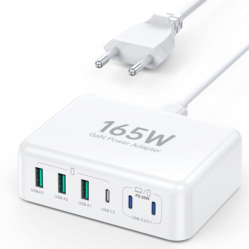 165W USB C Ladegeräte Block, 6 Port Ladestation PD Hub Brick USB A QC Wand Schnellladegerät Netzteil Schreibtisch Stecker Cube für iPhone 16/15 14 13 12 Pro Max PD 65W Laptop Ladegerät für MacBook von Anykon