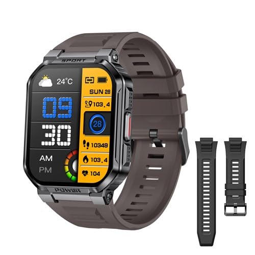 Aoekne Smartwatch Herren Militär mit Telefonfunktion, 1.83" Outdoor Smart Watch für Android iOS mit Blutdruckmessung Schrittzähler Herzfrequenz Wasserdicht (Braun) von Aoekne