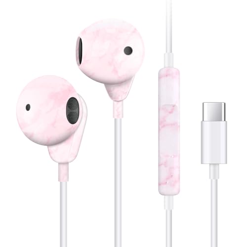 Aolcev USB C Wired Earbuds, Noise Canceling Type C Headphones with Mic, Earbuds for Samsung Galaxy Z FliP 5/4, S23 Ultra / S22 / S21, Earbuds for iPhone 15 and All Type C Devices, Pink Marble von Aolcev