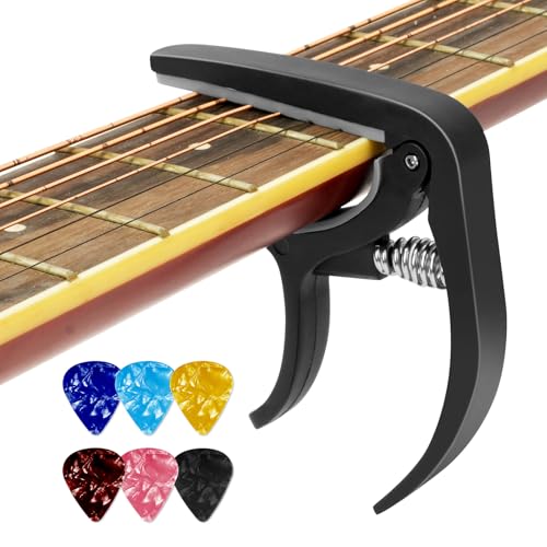 Aomig Kapodaster für Gitarren Guitar Capo mit 6 Plektren Stimmgerät Gitarre Gitarrenzubehör Capotastos Capodaster Gitarrenkapodaster für alle Instrumente, E-Gitarre, Bass, Violine, Ukulele (Schwarz) von Aomig