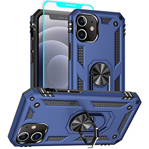 Aozuoton for iPhone 12 Hülle, iPhone 12 Pro Hülle Metallring Handyhülle & Schutzfolie, Hybrid Case Ständer Stoßstange Handy Hüllen Cover für iPhone 12,Blau von Aozuoton