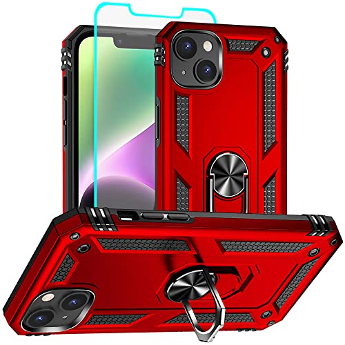 Aozuoton iPhone 14 Hülle, iPhone 14 Hülle Metallring Handyhülle & Schutzfolie, Hybrid Case Ständer Stoßstange Handy Hüllen Cover für iPhone 14,Rot von Aozuoton