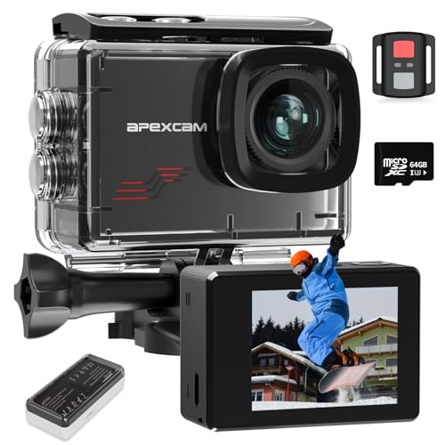 Apexcam M80 mit 64G Karte Action Cam 4K60FPS 48MP WLAN Sportskamera Unterwasserkamera 40m Wasserdicht 170 ° Weitwinkel 2.4G Fernbedienung 2x1350mAh Akkus mit Zubehör Halterungs-Set von Apexcam