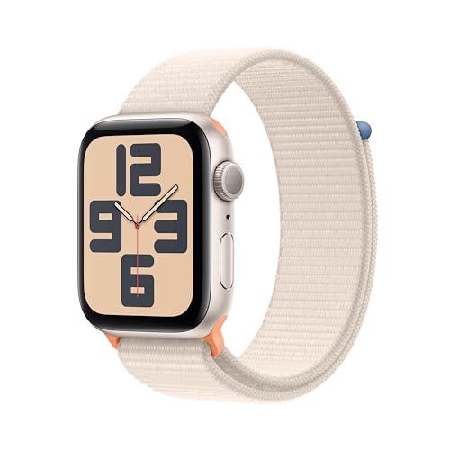 Apple Watch SE (2. Generation, 2023) (GPS, 44 mm) Smartwatch mit Aluminiumgehäuse und Sport Loop Armband in Polarstern. Fitness- und Schlaftracker, Unfallerkennung, Herzfrequenzmesser, CO₂ neutral von Apple