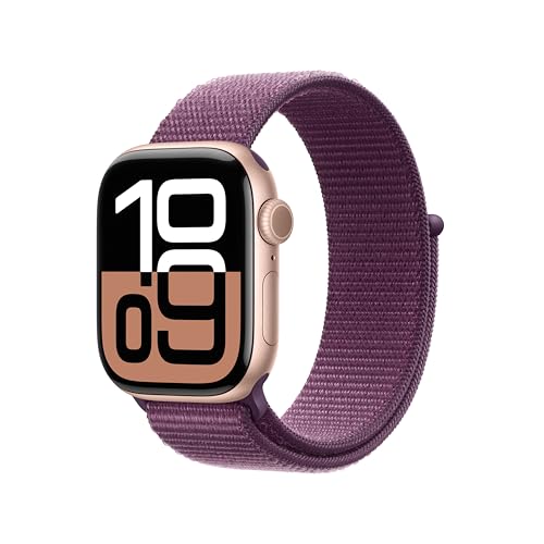 Apple Watch Series 10 (GPS + Cellular 42 mm) Smartwatch mit Aluminiumgehäuse in Roségold und Sport Loop in Pflaume (One Size). Fitnesstracker, EKG App, Always-On Retina Display, CO₂ neutral von Apple