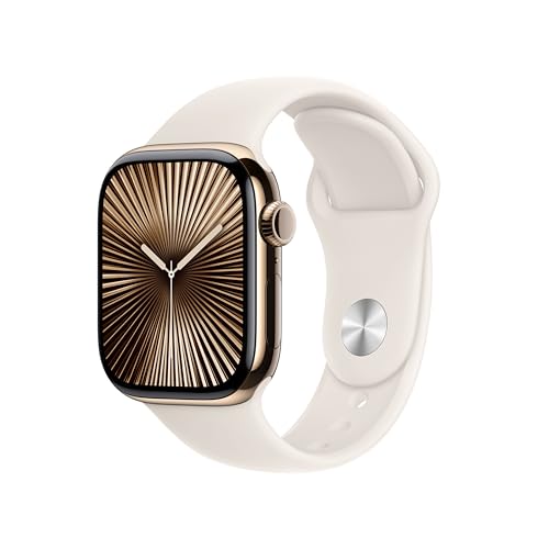 Apple Watch Series 10 (GPS + Cellular 42 mm) Smartwatch mit Titangehäuse in Gold und Sportarmband in Polarstern (M/L). Fitnesstracker, EKG App, Always-On Retina Display, Wasserschutz von Apple