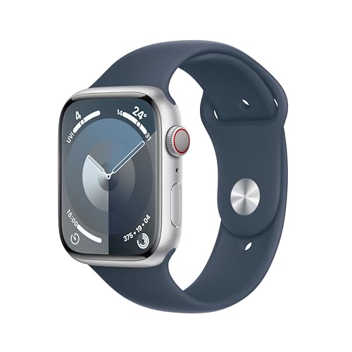 Apple Watch Series 9 (GPS + Cellular, 45 mm) Smartwatch mit Aluminiumgehäuse in Silber und Sportarmband M/L in Sturmblau. Fitnesstracker, Blutsauerstoff und EKG Apps, Always-On Retina Display von Apple