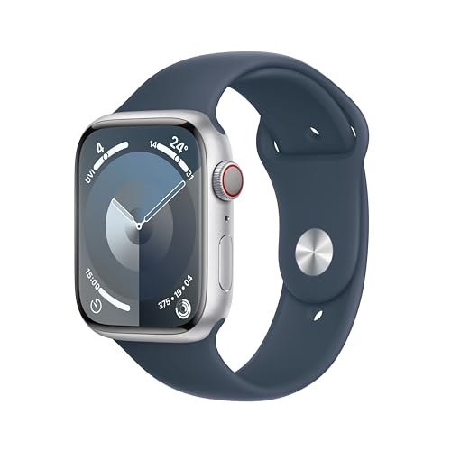 Apple Watch Series 9 (GPS + Cellular, 45 mm) Smartwatch mit Aluminiumgehäuse in Silber und Sportarmband S/M in Sturmblau. Fitnesstracker, Blutsauerstoff und EKG Apps, Always-On Retina Display von Apple