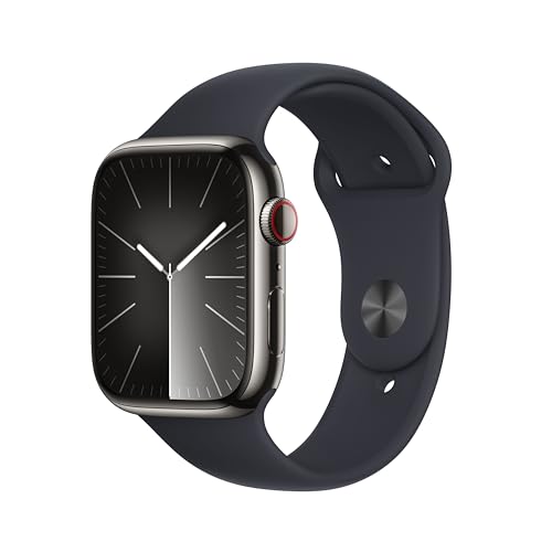 Apple Watch Series 9 (GPS + Cellular, 45 mm) Smartwatch mit Edelstahlgehäuse in Graphit und Sportarmband M/L in Mitternacht. Fitnesstracker, Blutsauerstoff und EKG Apps, Always-On Retina Display von Apple