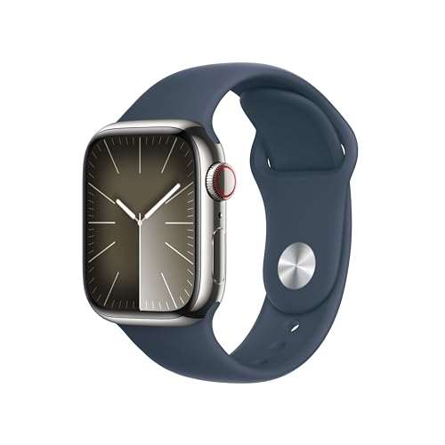 Apple Watch Series 9 (GPS + Cellular, 45 mm) Smartwatch mit Edelstahlgehäuse in Silber und Sportarmband S/M in Sturmblau. Fitnesstracker, Blutsauerstoff und EKG Apps, Always-On Retina Display von Apple