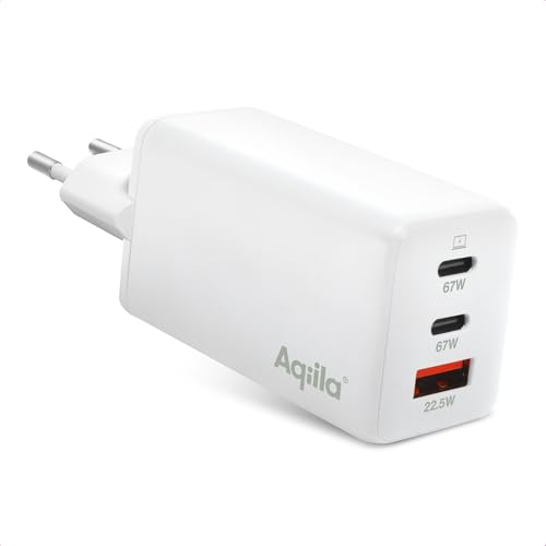 Aqiila USB-C Ladegerät, 67W, GaN, PD Power Delivery, Quick Charge, 2X USB-C, 1x USB-A, 100-240V, Chargebird Weiß von Aqiila